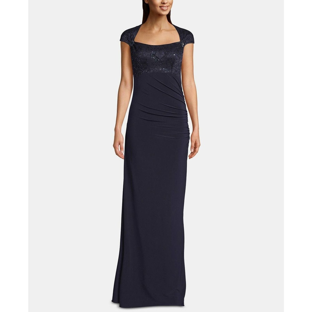 Betsy and Adam navy lace embellished top cap sleeve gown size 4